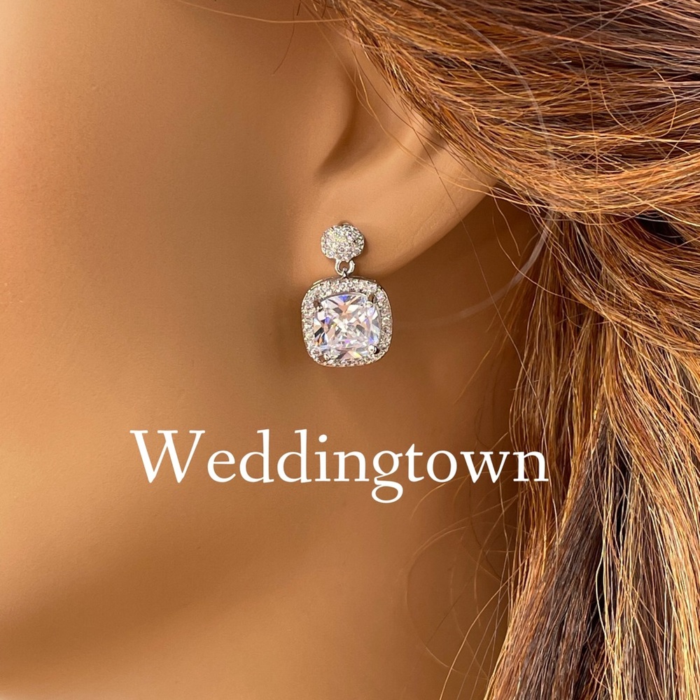 Bridal dangle drop earrings square princess cut